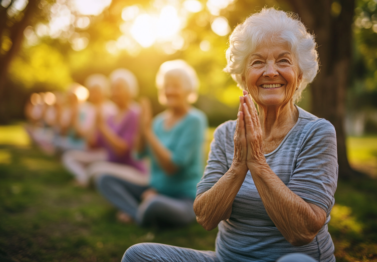 Група людей старшого віку практикує йогу